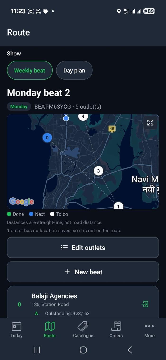 Field app Route screen: a weekly beat of outlets on a map, with what each outlet owes