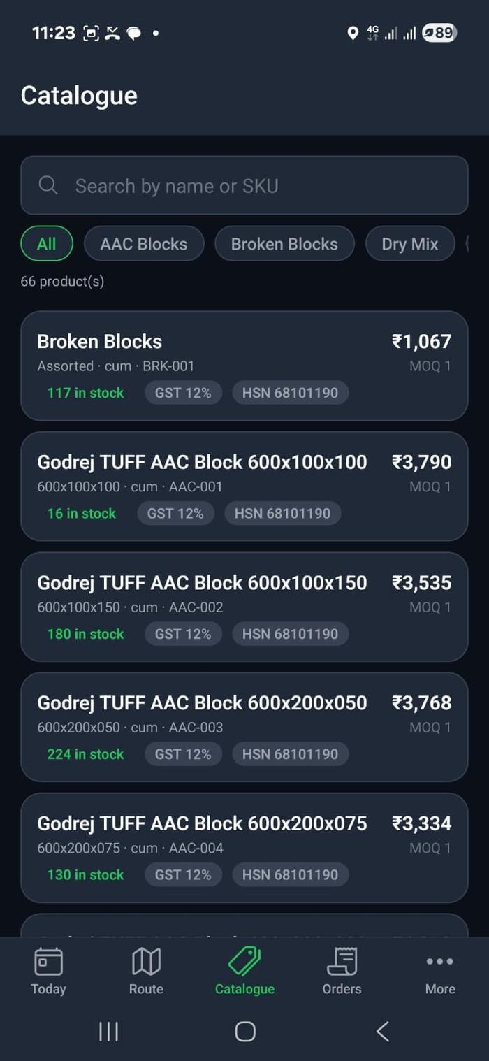 Field app Catalogue screen: products with price, stock, GST and HSN code