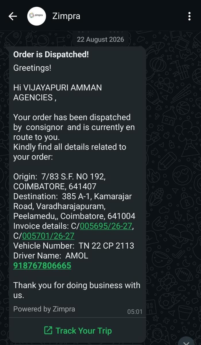 A WhatsApp message from Zimpra telling a customer their order is dispatched, with vehicle, driver and a Track Your Trip button