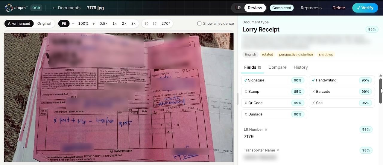Zimpra reading a photographed lorry receipt field by field, with confidence scores