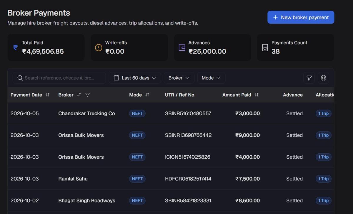 Broker payments with UTR numbers and trip allocation