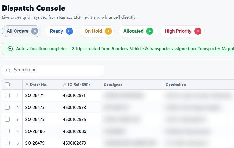 Order grid with order numbers, pincodes, routes, quantities, weight and volume
