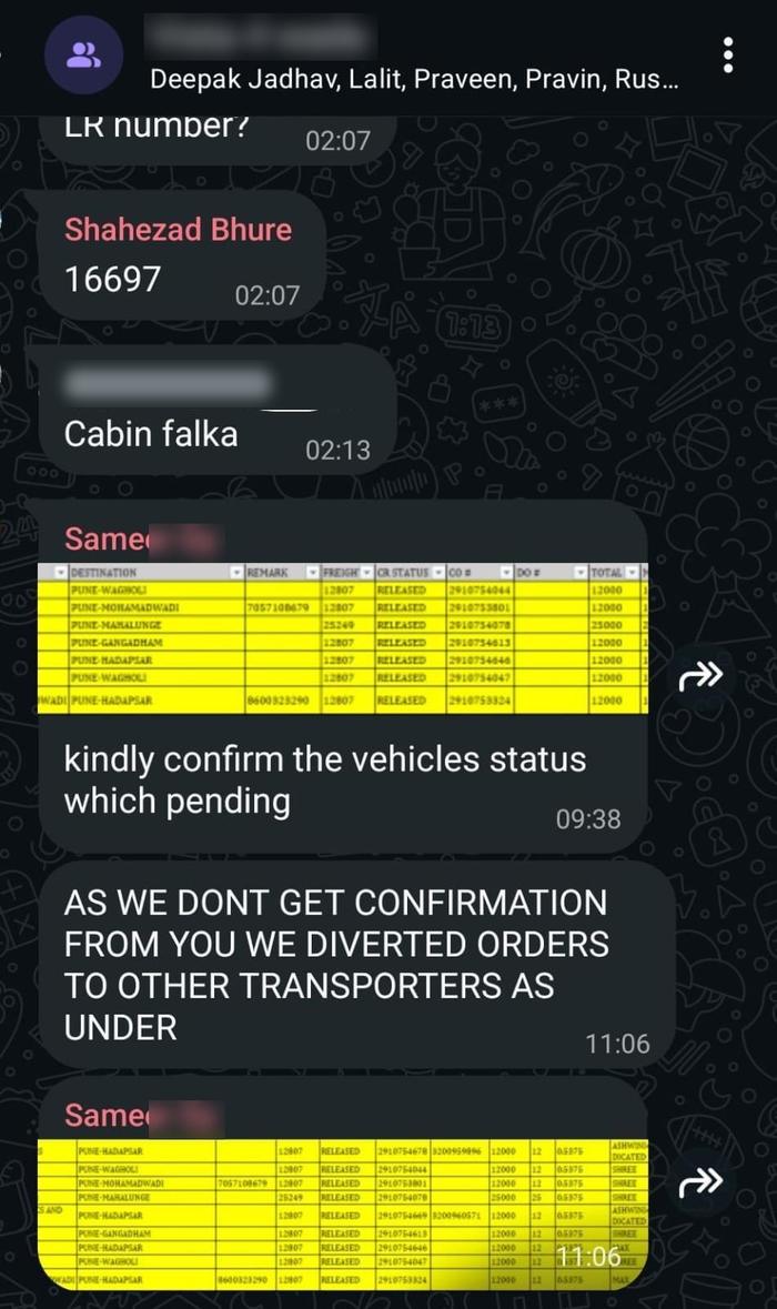 A WhatsApp group where a manufacturer asks transporters to confirm vehicles, then moves the orders to other transporters